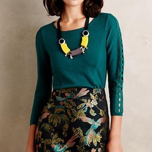 Anthropologie Emerald Lace-Sleeved Sweater
